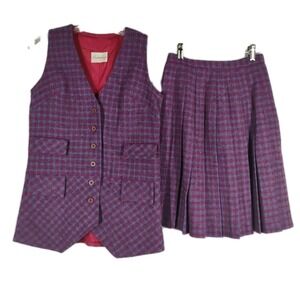 Country Set Vintage Womens Small XXS XS 00 100% Wool Pleated Skirt Vest 2pc